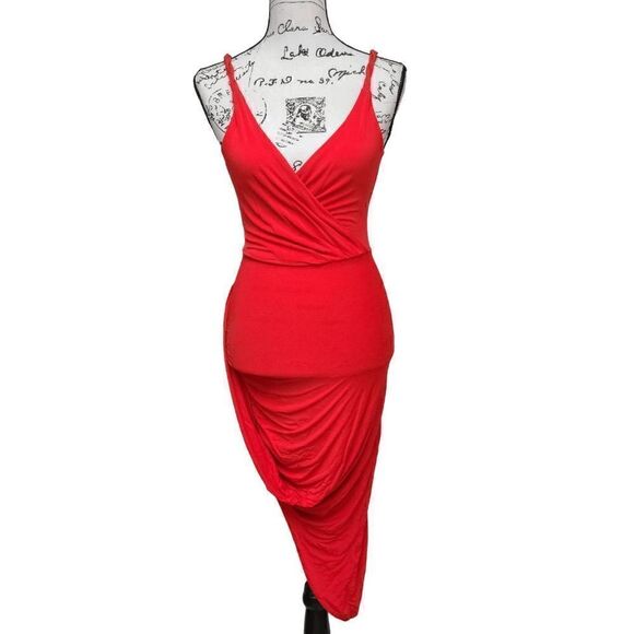 🧡 BEBE Twist Skirt Asymmetrical Hem Grecian Goddess Orange Dress Size XXS/TTP - Picture 11 of 12